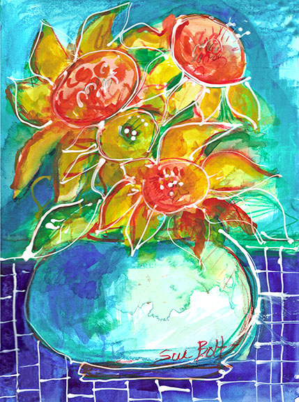 Bowl of Sunflowers Note Card by Sue Bolt