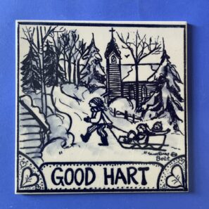 Limited Edition Blue and White Tile Good Hart Winter with children and sled
